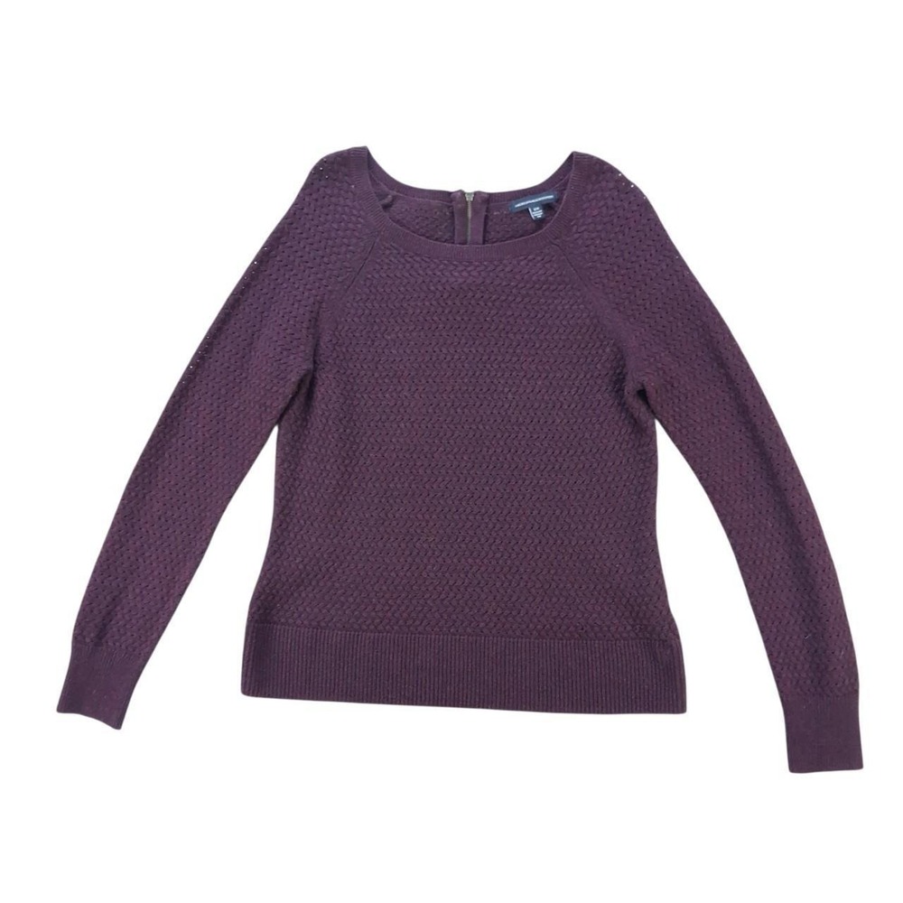 American Eagle Women Plum Textured Knit Back Zip Raglan Sweater Medium Burgundy